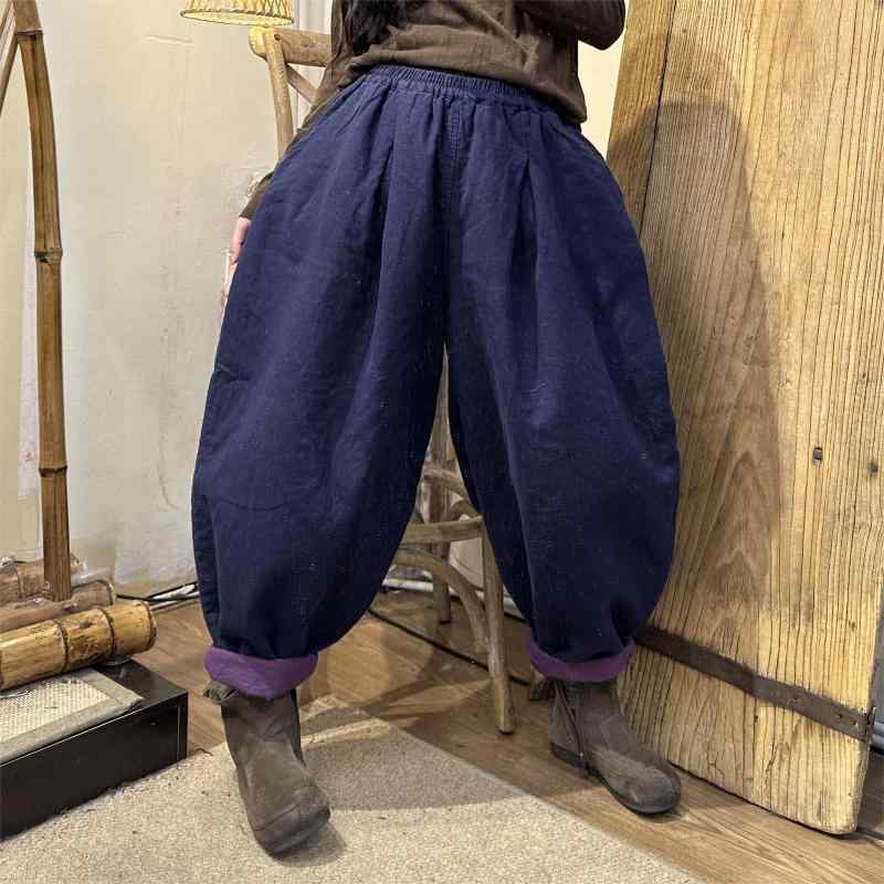 レディース コットン 冬 ズボン ワイド レッグ ゆったり 快適 古風 レトロ サンド ウォッシュ リネン ダメージ 加工 コントラスト 裾 ラディッシュ