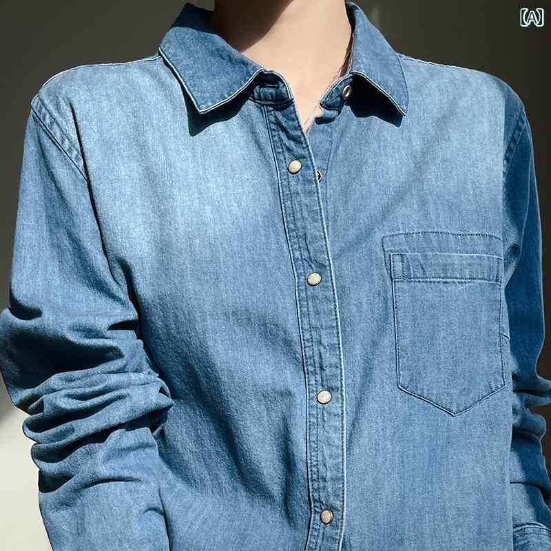 レディース 春秋 ブラウス 婦人服 レディース トップス シャツ デニム 長袖 シンプル カジュアル ゆっ..