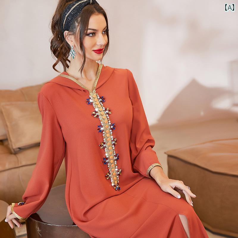 レディース ラインストーン ワンピース エスニック フード オレンジ ロング スカート 手縫い 色 アラビア ドレス 美白 スリム