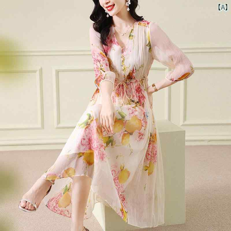 ワンピース ドレス 夏 レディース 豪華感 韓国 Vネック シフォン パフスリーブ レディース エレガント 花柄 スカート デート