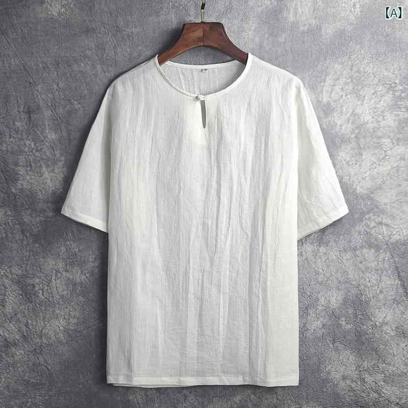 メンズ 夏 T シャツ トップス チャイナ風 リネン 薄手 バックル レトロ 綿