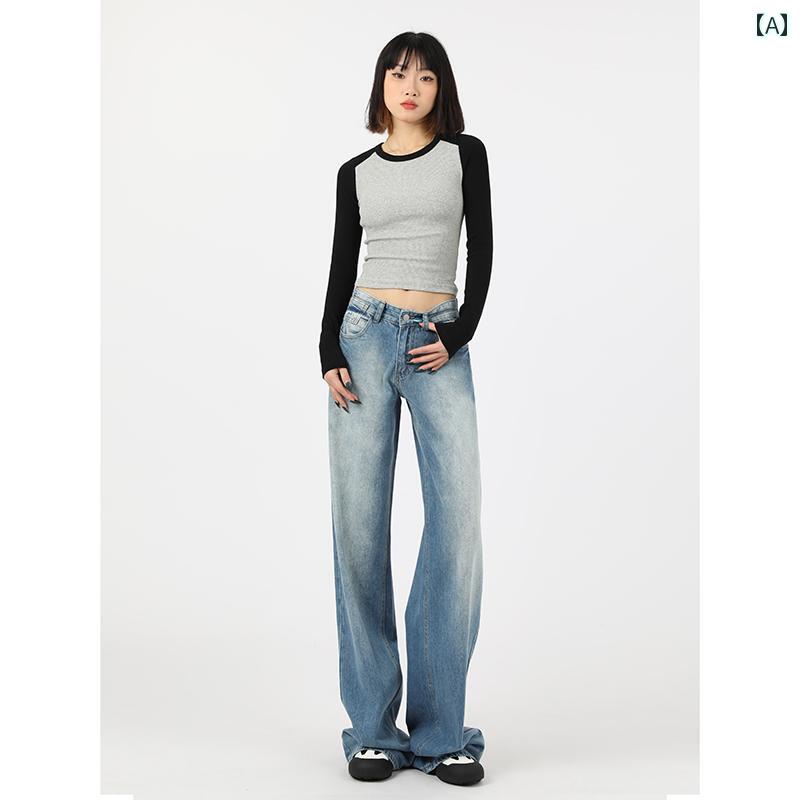 低腰裤 - レディース パンツ デニム ボトムス アメリカン レトロ ストレート レッグ ジーンズ 女性用 春 ローウエスト スリミング ワイド