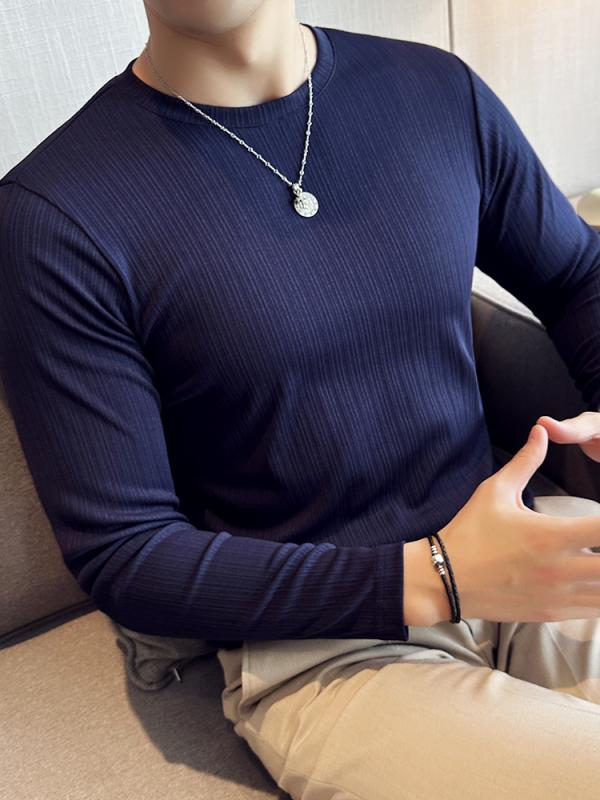 シャツ メンズ 秋 カジュアル 長袖 トップス ハイエンド ストレッチ ストライプ T ラウンドネック スリムフィット 快適 ベース T