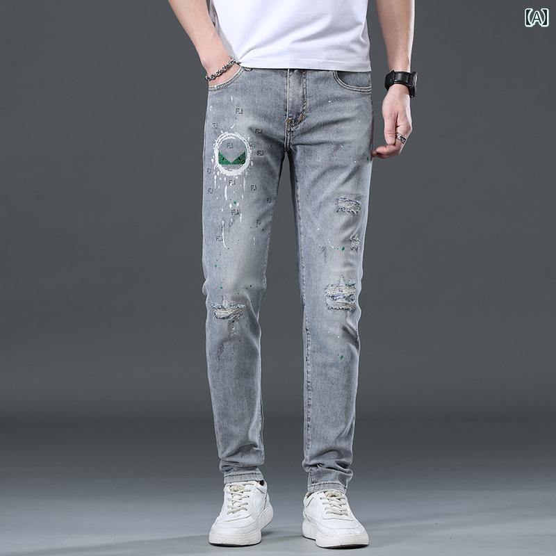 パンツ デニム メンズ 男性用 プリント ジーンズ 穴 パッチ ドリル 加工 カジュアル スリムフィット ライト カラー ロング