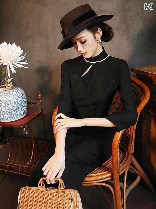 China Dress - レディース チャイナ ドレス おしゃれ ワンピース コスプレ 撮影 衣装 黒 上品 洗練 ハイエンド デイリー ロング スリム パーティー