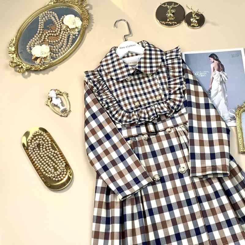 コート キッズ ファッション 子供服 女の子 春 ウインドブレーカー ビッグ チェック柄 英国 スタイル フリル ダブルブレスト ミドル丈 女の子