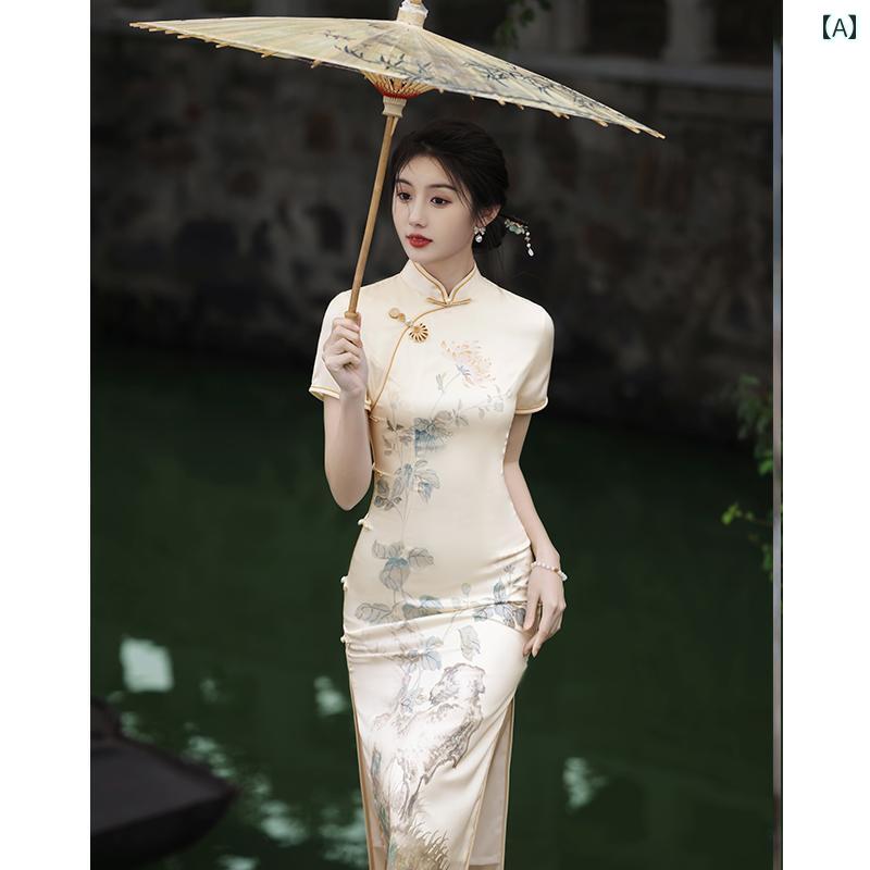 レディース 夏 チャイナ ドレス おしゃれ ワンピース コスプレ 撮影 衣装 上品 洗練 中華風 シャンパンゴールド スリット 女性