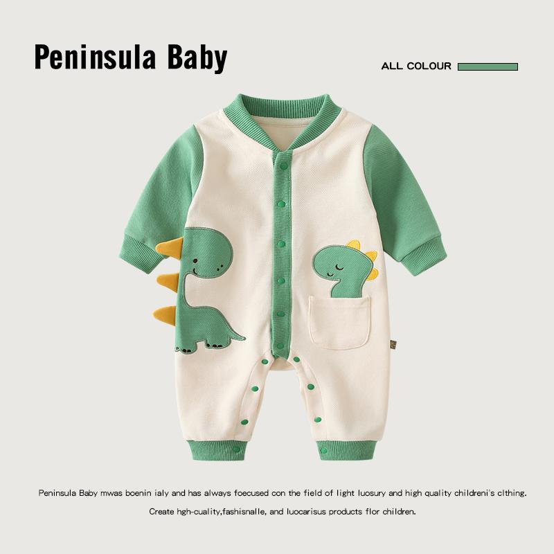 ベビー ロンパース ジャンプスーツ カバーオール 赤ちゃん品 おしゃれ ファッション 春秋 おかけ グリーン シンプル 恐竜 長袖 男の子 女の子 カジュアル シンプル