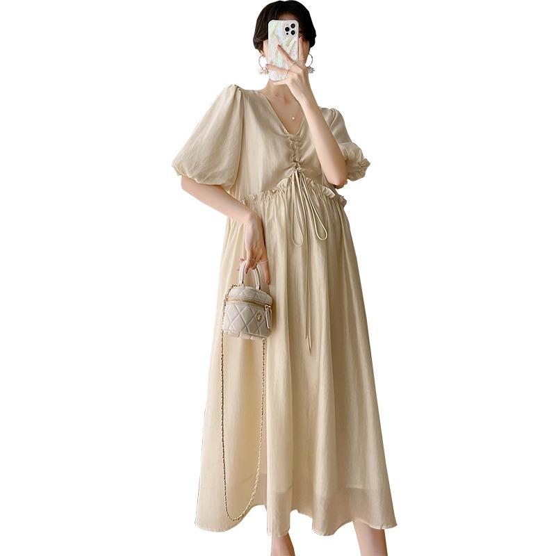 マタニティ 夏 ロングスカート 薄手 ファッション 大きめサイズ 半袖 ドレス Vネック