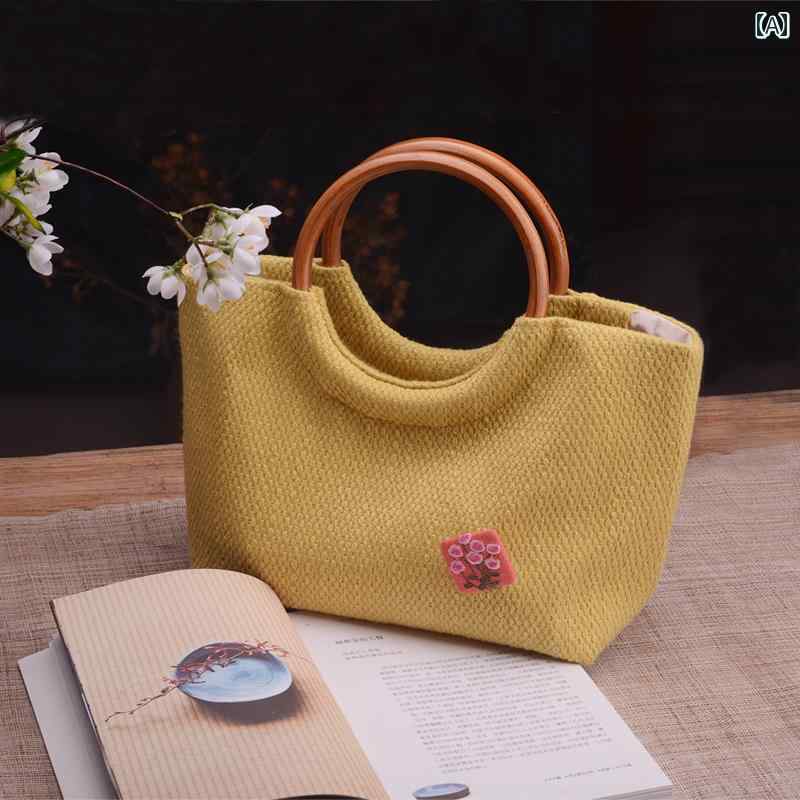 レディース カジュアル ハンドバッグ おしゃれ 牧歌 文学 小さい フレッシュ リング 綿 リネン 織り バッグ 無地(4.0)