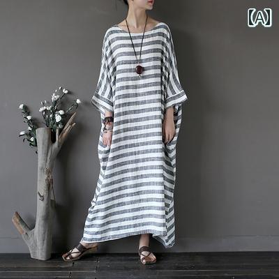 レディース カジュアル ワンピース ゆったり ボヘミアン 文学 コウモリ スリーブ ローブ リネン ロング スカート 大きいサイズ スリム ストライプ コットンリネン ドレス