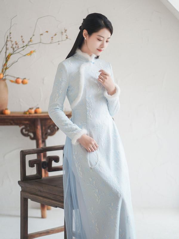 ドレス 秋 冬 チャイナ チャイナ 女性 ハイエンド 若い レトロ 中華風 毛皮 襟 フェアリー アオザイ