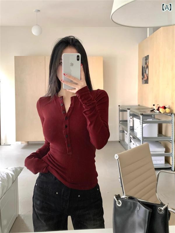 レディース トップス 春秋 タイト スタイリッシュ 女性用 バーガンディ 長袖 シャツ ガール スリムフィット インナー T