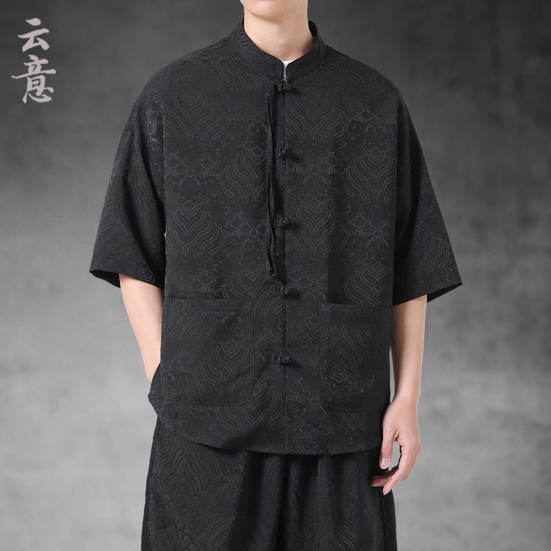 Men's Fashion Shirt, Chinese Style, Summer, Tang Suit, Stand Collar, Button-Up, Short Sleeve, Retro, Cooling, Zhongshan Hanbok