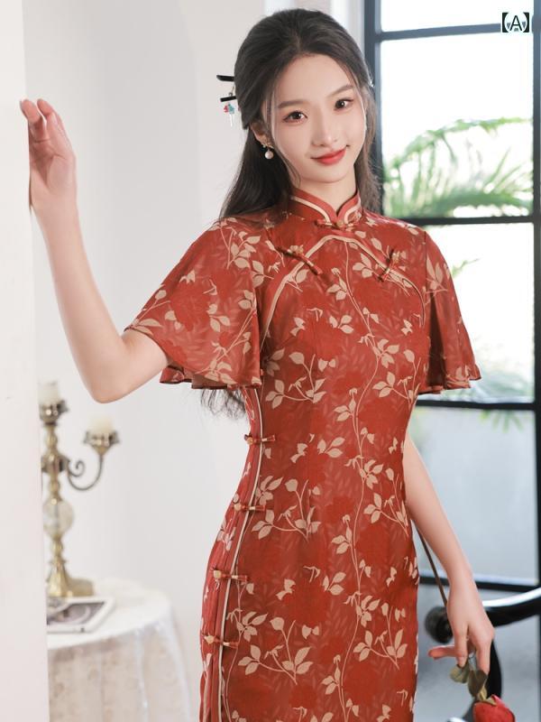 チャイナドレス レディース パフォーマンス 撮影 薄手 チャイナ エレガント シンプル レトロ 中華風 民族衣装 パーティドレス