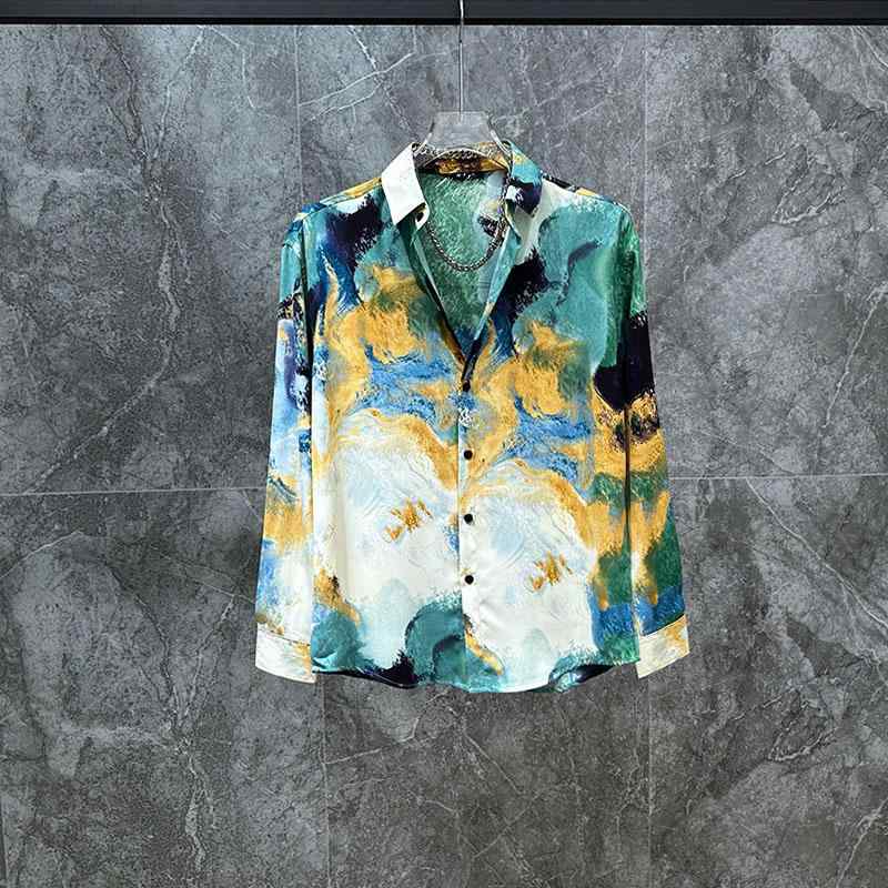 長袖シャツ ひんやり 涼しい 快適 シャツ メンズ 春夏 薄手 レトロ 油絵 ドレープ カジュアル 個性 ファッション スタイリッシュ おしゃれ