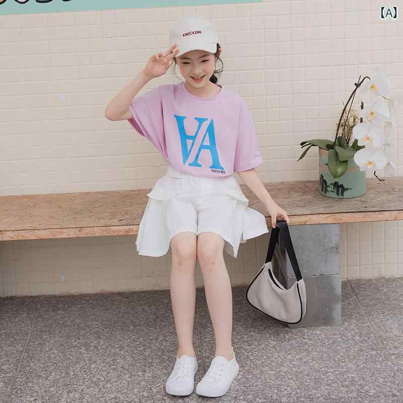 トップス 女の子 ガールズ スーツ 薄手 夏 韓国 中 大 子供服 スポーツ 半袖 プリーツスカート ズボン カレッジ 2点 セット