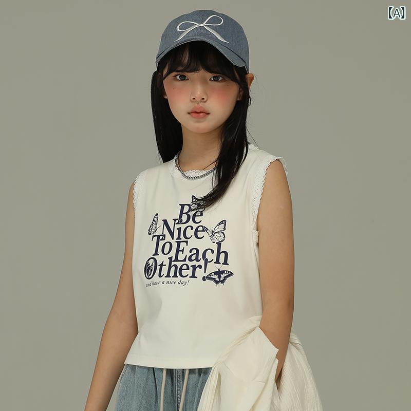 トップス ノースリーブ 子供服 サマーウェア 涼しい カジュアル ナチュラル 普段使い キッズ 小さい 女の子 夏 オフ ホワイト 蝶 プリント 子供用 ラウンドネック レース ベスト レディース