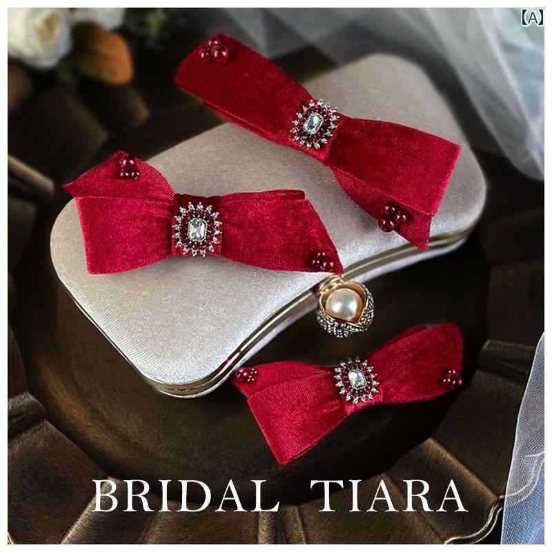 結婚式 赤 レディース アクセサリー レトロ 起毛 蝶 ヘアピン ブライダル フェミニン 髪飾り 3個セット..