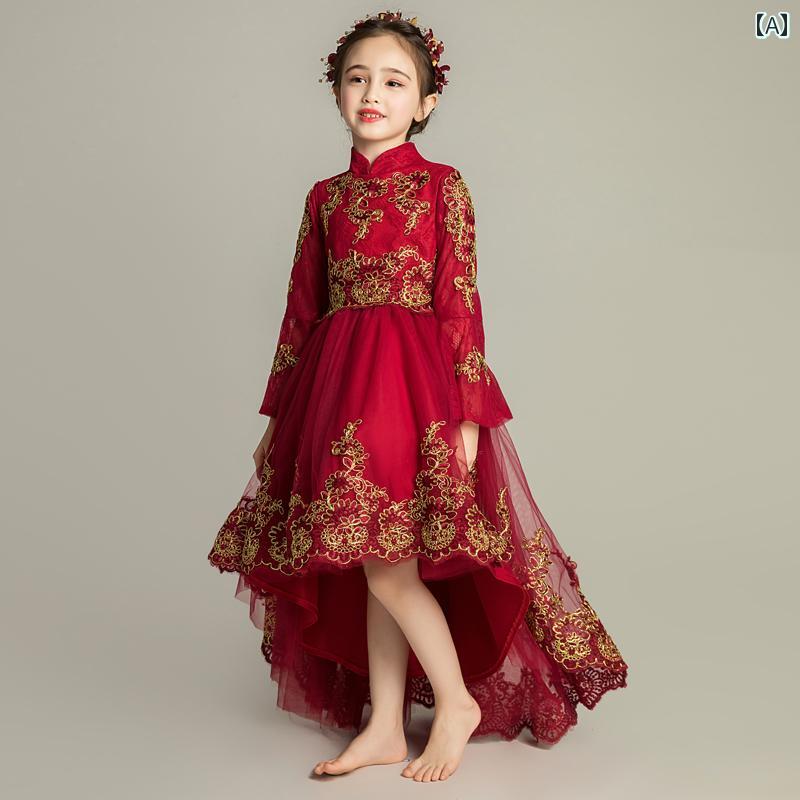 キッズ イブニングドレス 女の子 ステージ スカート パフォーマンス フラワーガール ピアノ パフォーマンス 春夏 前短く後ろロングドレス バースデードレス ガール