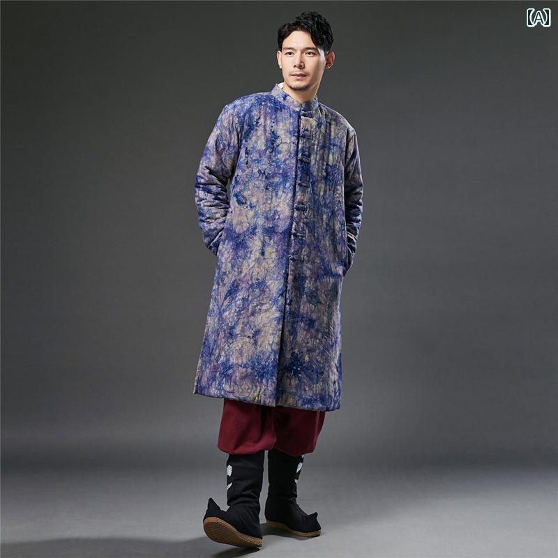メンズ 中華風 冬服 スタンドカラー 唐 スーツ コットン コート コットンリネン 絞り染め プリント 高齢者 ミディアム 丈