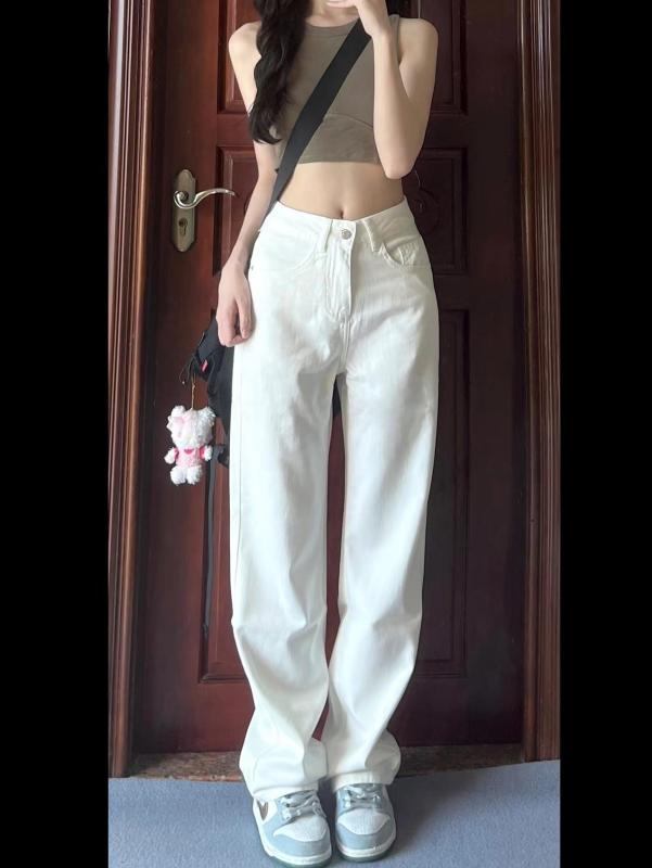 Straight Jeans - デニムパンツ レディース ホワイト 韓国 ヒップ カバー ストレート ジーンズ 春 ハイウエスト スリム ワイドレッグパンツ