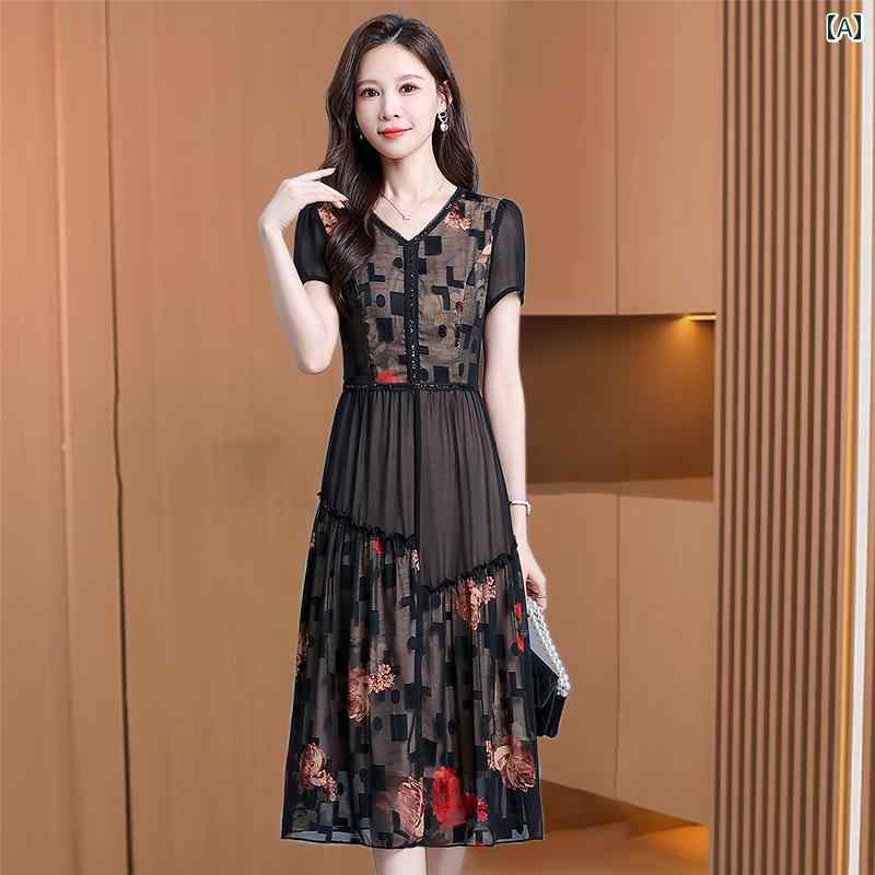 夏 シフォン ドレス 花柄 ロングスカート 披露宴 ワンピース 上品 二次会 Vネック エレガント 涼しい ラグジュアリー 結婚式 シースルー 透け感生地 パーティー