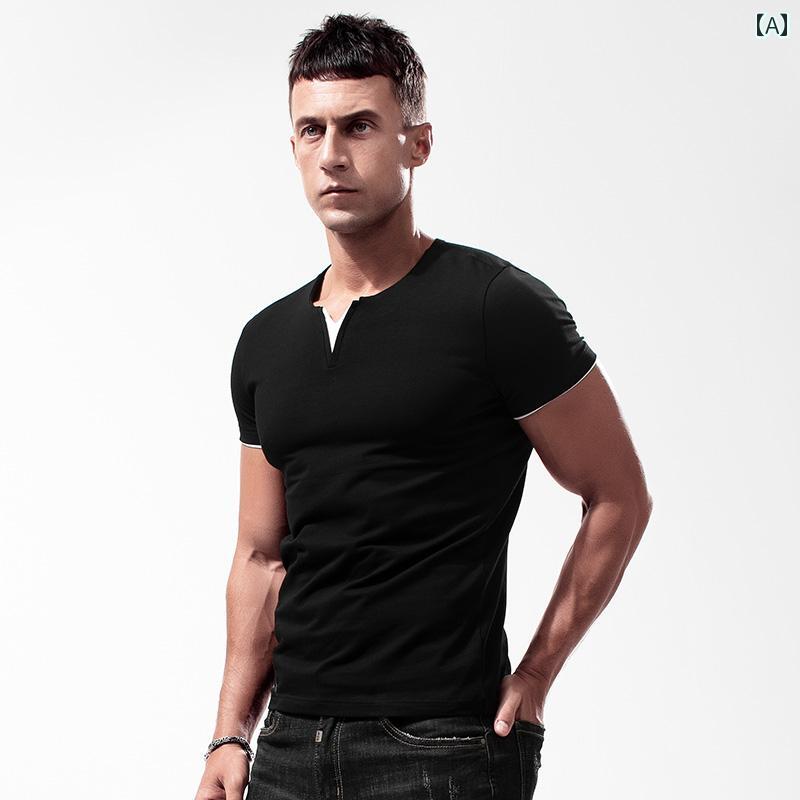 メンズ T シャツ マッスル スタイリッシュ フェイク ツーピース V ネック タイト フィッティング 半袖 コットン 無地 サマー 自己 修養 伸縮性 通気性 レイヤリング(4)