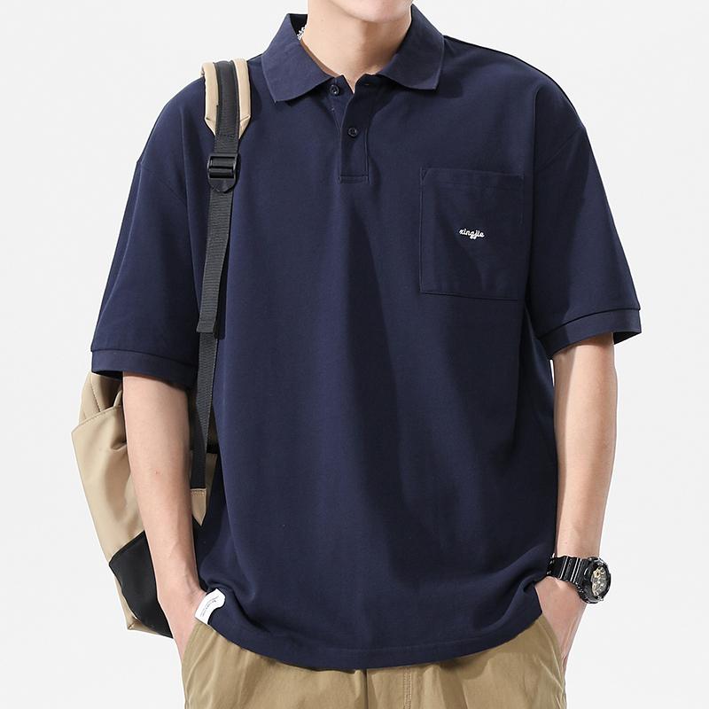 ポロシャツ 襟 半袖 メンズ 夏 アメリカン シンプル Tシャツ 綿 無地 ドロップスリーブ レジャー ゆったり ポケット ウォッシュド コッ..