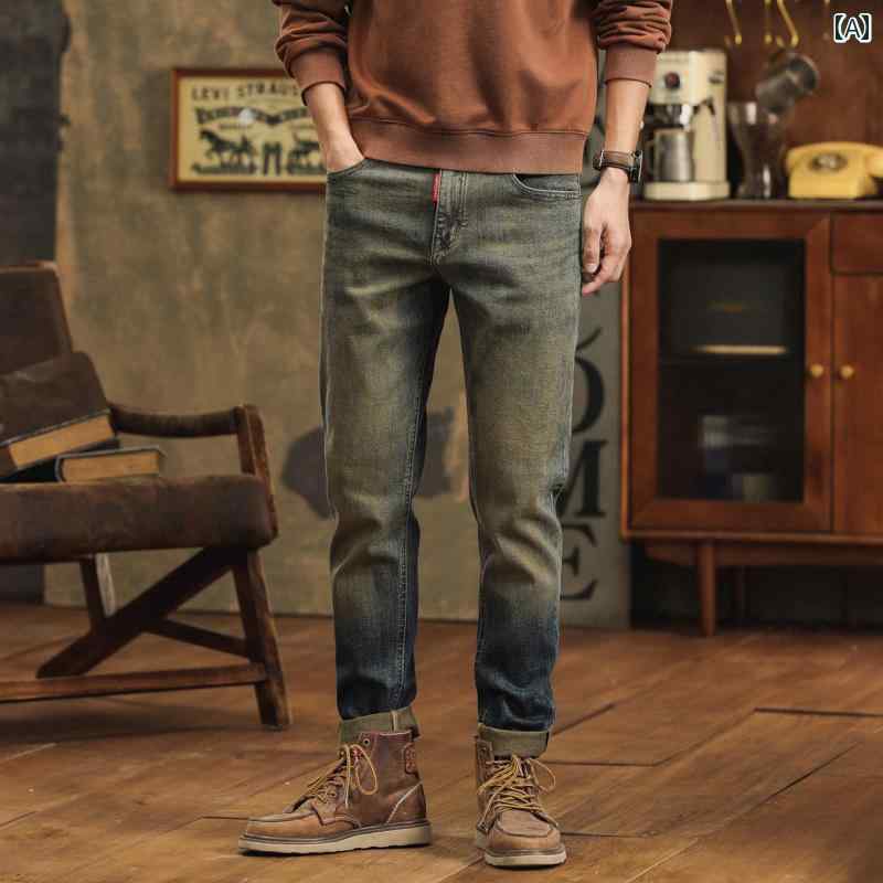 デニムパンツ カジュアル おしゃれ スタイリッシュ メンズ 韓国 ジーンズ ハイエンド ファッション レトロ 秋冬 バイク