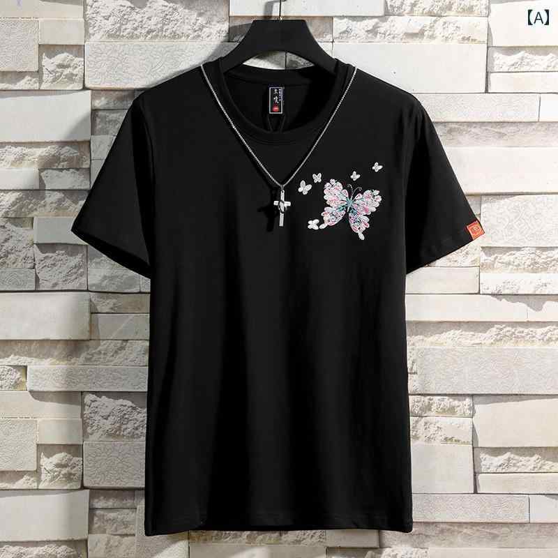Tシャツ チャイナ風 蝶 刺繍 メンズ 半袖 シャツ ゆったり 夏 綿 黒 カジュアル ラウンドネック レジャー ゆったり