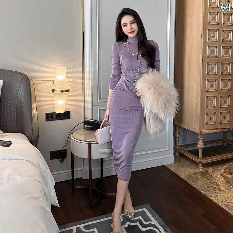 レディース 長袖 ドレス パープル ワンピース 初春 婦人服 社交界 ハイエンド スリムフィット ヒップ スカート