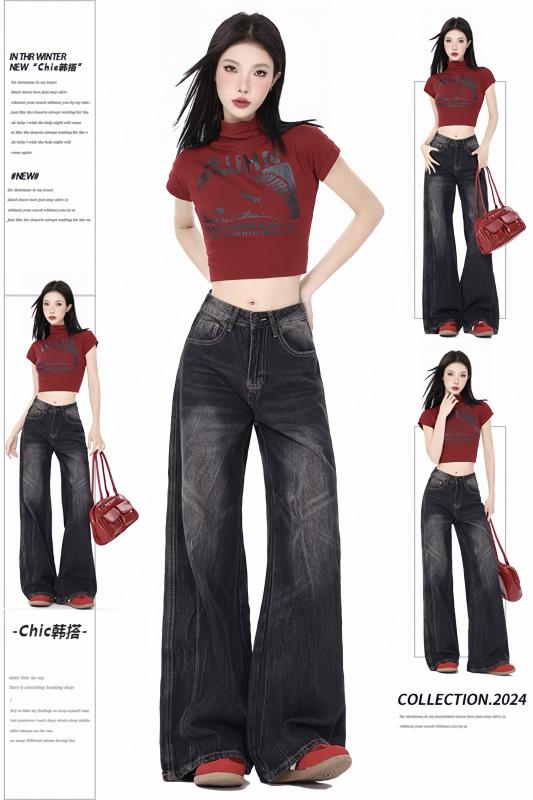 Straight Jeans - デニム パンツ レディース 韓国 アメリカン ダメージ 加工 ガール ハイウエスト ジーンズ レディー ス ウォッシュ加工 ストレート ワイドレッグ パンツ デニム オールシーズン おしゃれ