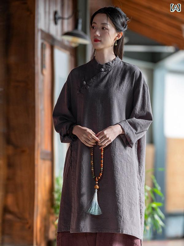 瞑想服 ナチュラル レディース 瞑想 中国 仏教 丈 ボタン 斜め トップス レディース 在家服 リネン パンツ スタンドカラー セット レデ..