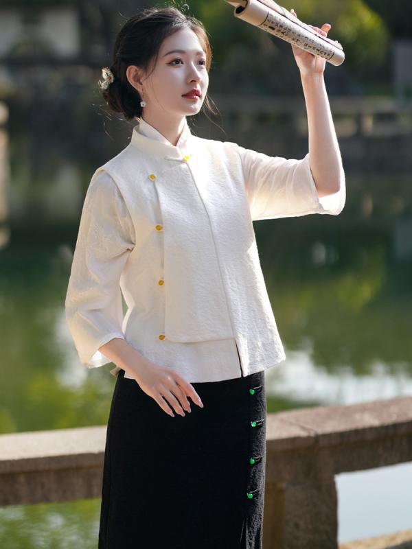 ジャケット レディース コットン 秋 冬 ファッション 幸せ お 祈り リネン ジャカード ディスク バックル 女性 ピパ ブレスト チャイナ スタンドカラー ベスト ティー スーツ 文学