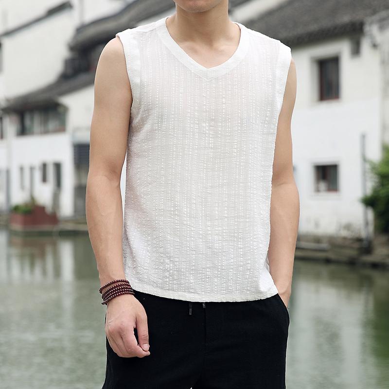 メンズ 中国風 ファッション チャイナ風 夏 大きめサイズ 綿 リネン ノースリーブベスト メンズ 通気性 ノースリーブベスト 薄手 リネン アンダー シャツ ベスト(4.0)