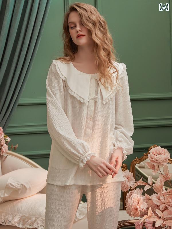 Chenxi しわ 綿 ジャカード パジャマ レディース 長袖 ズボン 綿 レディース 春秋冬 ホームウェア レデ..