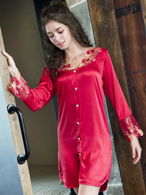 レディース パジャマ ショートスカート ひんやり 涼しい 快適 ネグリジェ ワンピース 長袖 魅惑 春 シャツ レース 薄手 ホームウェア