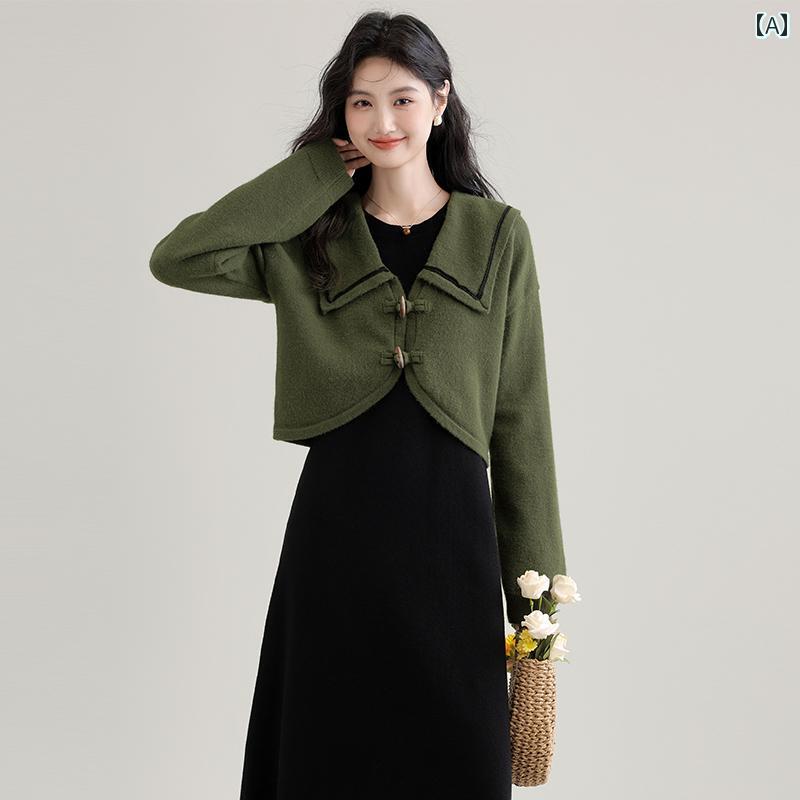 カーディガン 秋冬服 アウター セーラー 襟 セーター ニット ショート 丈 短丈 レディース レトロ 深緑..