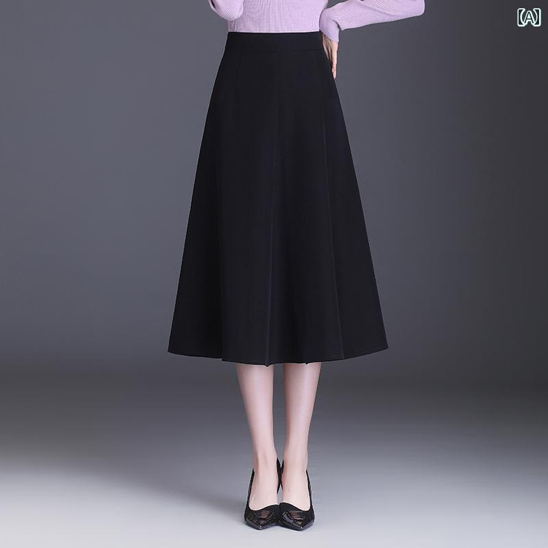 Skirts - スカート ハイウエスト スリム見え ミモレ丈 レディース 通勤 オフィス カジュアル 黒 Aライン 丈 ニーハイ ワイド プリーツ アンブレラ