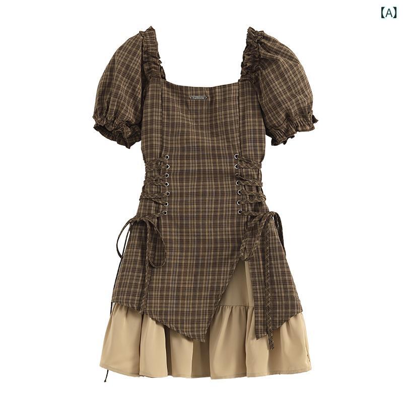 夏 大きめ サイズ 女性 優雅 ホット ガール フレンチ スプライシング フェイク ツーピース スクエアネック チェック柄 ドレス