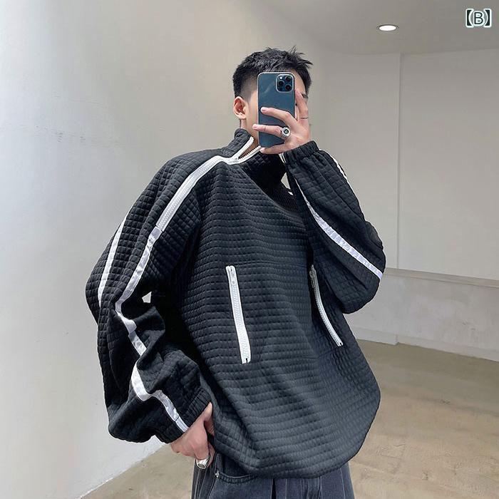 シャツ 秋 春 ストリート ジッパー スプライシング スウェット ヒップ ホップ ハーフ ハイネックプルオーバー 男性 女性用