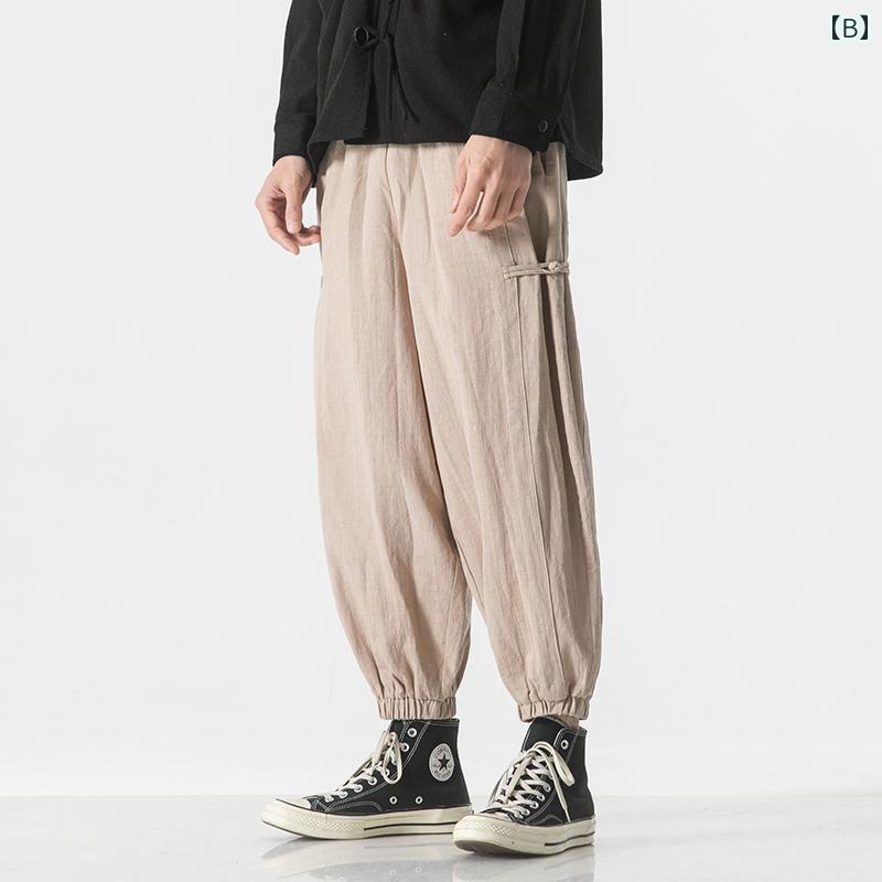 パンツ メンズ ズボン ゆったり カジュアル レトロ 中華風 綿 無地 フット 夏 薄手 足首 ネクタイ 男性用 九分丈