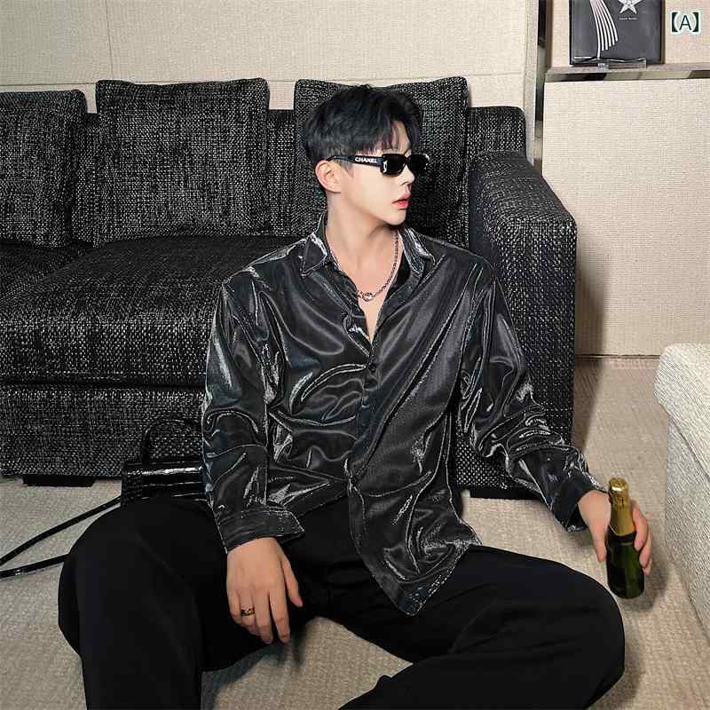 メンズ レディース シャツ トップス 偏光 明るい 色 未来的 液体 金属 テクスチャ 反射 長袖 歌手 ナイ..