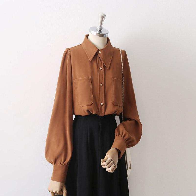 シャツ レディース 秋 冬 爽やか 小さい 不規則 レトロ 紅茶 コーヒー カラー 起毛 レイ ヤード ダブル..