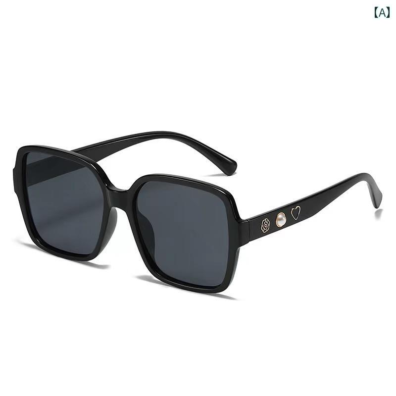 レディース サングラス おしゃれ 大きい 正方形 フレーム パール ラブ カメリア シンプル フラット ミラー(4)