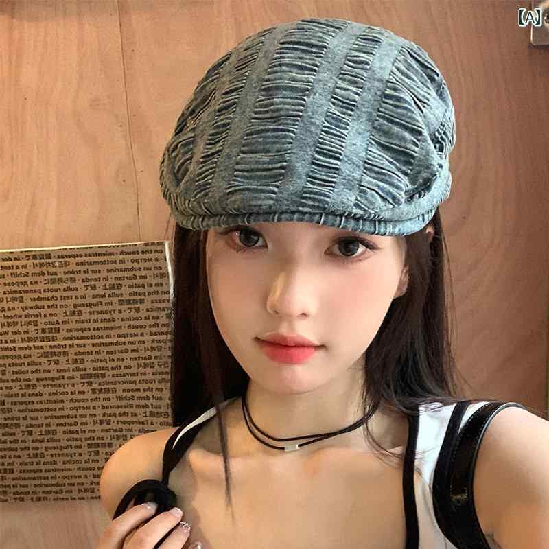 ハンチング帽 韓国 レトロ ストライプ ベレー帽 レディース 夏 キャスケット 帽子 小顔見せ ヴィンテー..