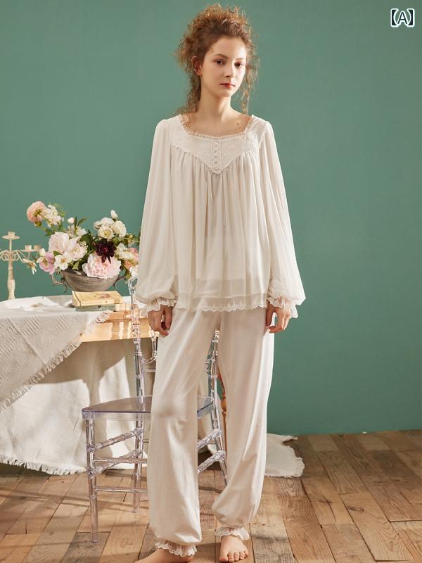 Chenxi パジャマ レディース 春秋 長袖 レース メッシュ ホーム 服 ビッグ レッドお祝い スーツ 冬