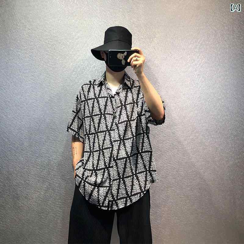 メンズ ファッション 夏 小花柄 シャツ 非対称 スリット プリント トップス 薄手 半袖