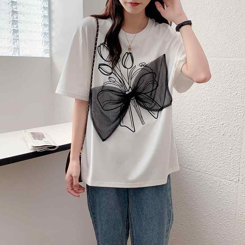 シャツ カジュアル レディース 夏 ガーゼ 半袖 Tシャツ プリント ステッチ トップス ラウンドネック ゆったりタイプ